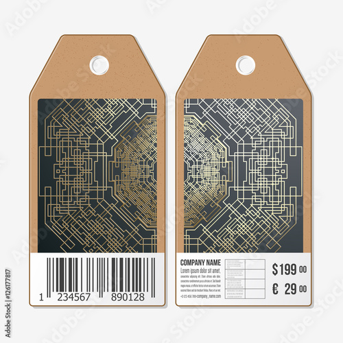 Tags design on both sides, cardboard sale labels with barcode. Golden technology pattern, dark background, connecting lines and dots, connection structure. Digital scientific vector