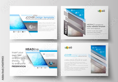 Set of business templates for presentation slides. Easy editable layouts in flat design. Abstract triangles, blue triangular background, colorful polygonal pattern.