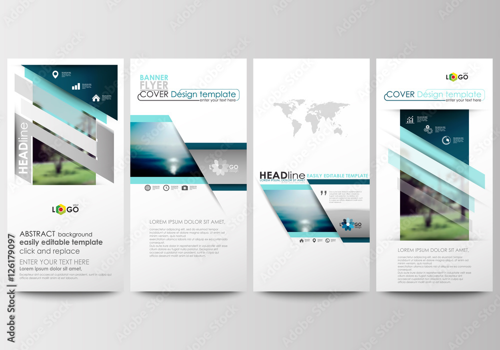 Flyers set, modern banners. Business templates. Cover template. Flat design blue color travel decoration layout, easy editable vector, colorful blurred natural landscape.
