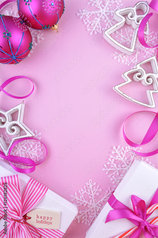 Modern festive pink theme Christmas holiday background with deco