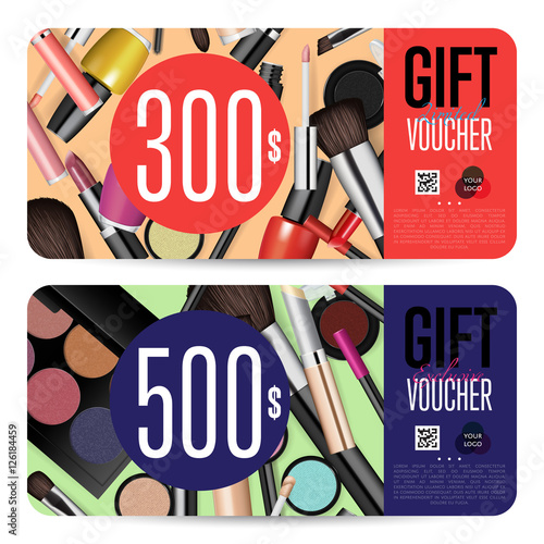 Cosmetics gift voucher template. Gift coupon with fashion makeup accessories and prepaid sum. Makeup brush, powder, lipstick, pencil, polish vectors. Special exclusive offer for cosmetics product sale