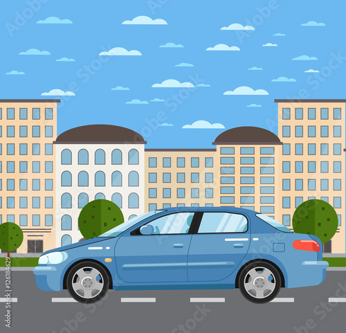 Blue comfortable sedan on road in city vector illustration. Urban cityscape background with skyscrapers. Modern automobile. Family citycar. People transportations concept in flat style.