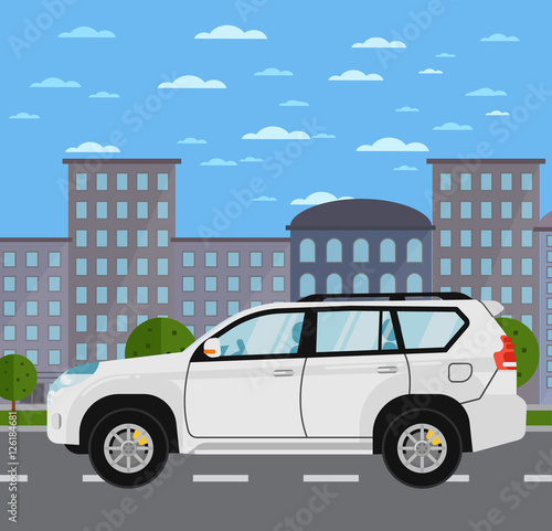 Family universal white citycar on road in city vector illustration. Urban cityscape background with skyscrapers. Modern automobile family vehicle. People transportations concept in flat style. SUV Car