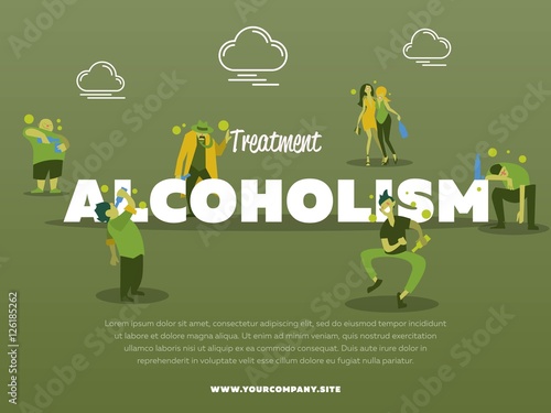 Treatment alcoholism banner with drunk alcoholic vector illustration. Alcohol abuse, alcoholism in family, man and woman with alcohol bottle concept. Addict people with alcohol problems.