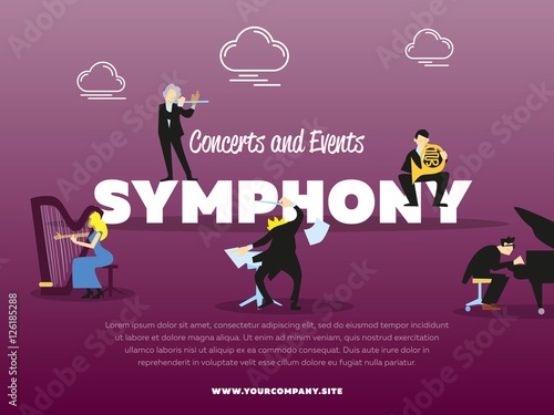 Concerts and events symphony orchestra banner vector illustration. Conductor, pianist, trumpeter, harpist characters with instruments. Conductor directing symphony orchestra with performers.