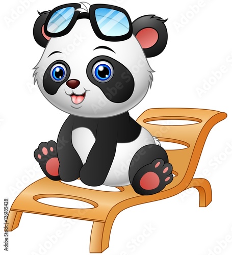 Fototapeta Naklejka Na Ścianę i Meble -  Cartoon panda bear sitting on deck chair isolated on white background 