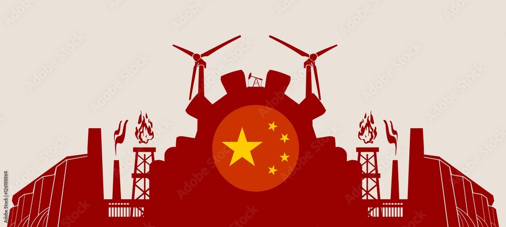 Energy and Power icons set with China flag. Sustainable energy generation and heavy industry. Vector illustration