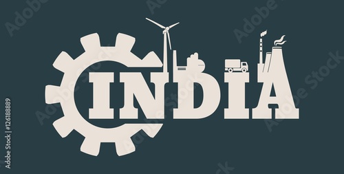 Energy and Power icons. Sustainable energy generation and heavy industry. Vector illustration. India word build in gear