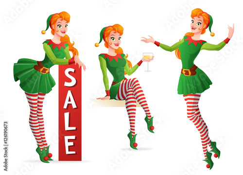 Beautiful vector girl in Christmas elf costume in different poses.
