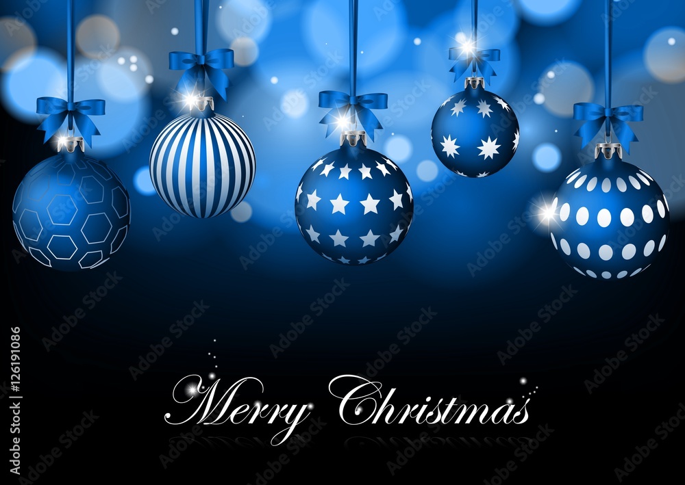 Christmas card with blue balls and ribbon on blue Background