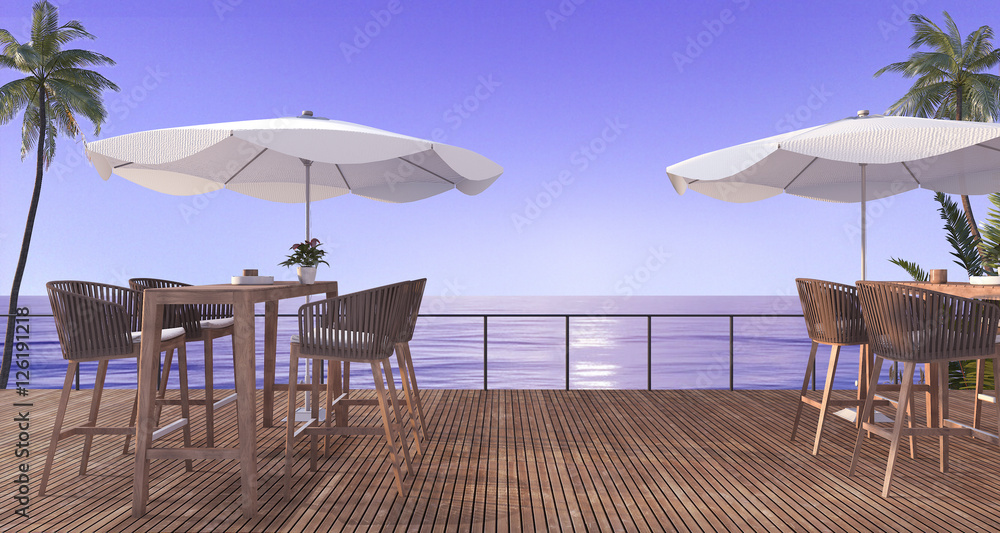 3d rendering outdoor wooden dining set near beach in the evening