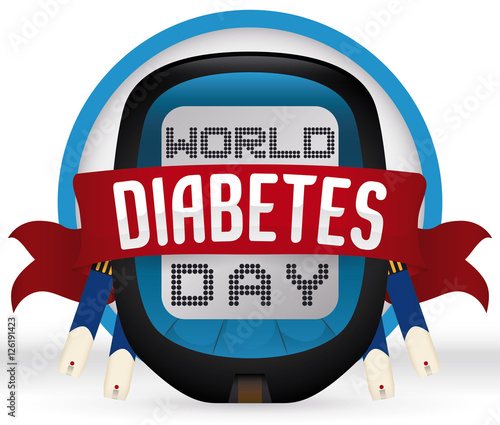 Glucometer and Test Strips behind a Ribbon Commemorating Diabetes Day, Vector Illustration