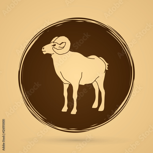 Sheep with big horn standing designed on grunge circle background graphic vector.