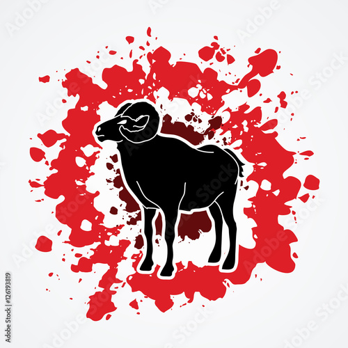 Sheep with big horn standing designed on splatter blood background graphic vector.