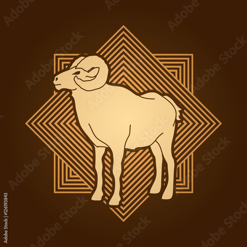 Sheep with big horn standing designed on golden square background graphic vector.