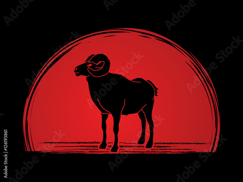 Sheep with big horn standing designed on sunrise background graphic vector.