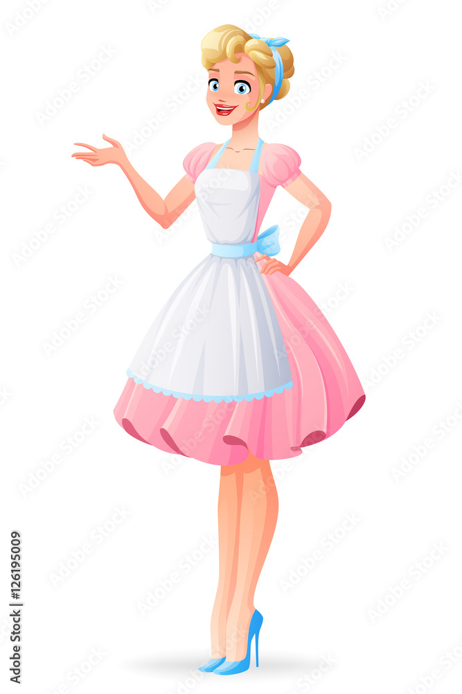 Beautiful housewife in pink dress and apron presenting. Vector illustration. Beautiful housewife in pink dress and apron presenting. Vector illustration.