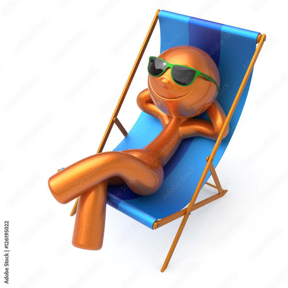 Beach deck chair summer vacation man smiley resting sunglasses relaxing  cartoon character chilling stylized person sun lounger tourist have fun  sunbathe outdoor lifestyle travel destination Stock Illustration | Adobe  Stock