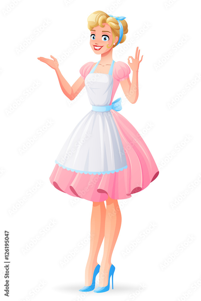 Beautiful housewife smiling and showing ok sign gesture. Vector illustration. Beautiful housewife smiling and showing ok sign gesture. Vector illustration.