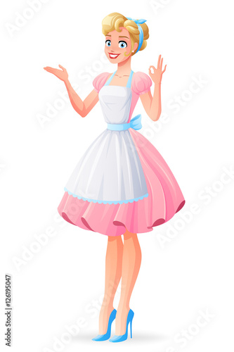 Beautiful housewife smiling and showing ok sign gesture. Vector illustration.