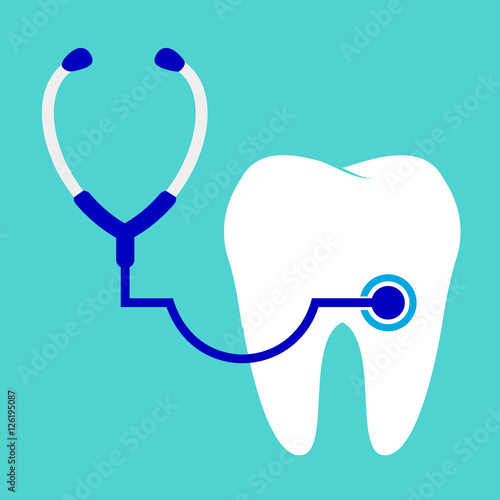 stethoscope examining tooth. Isolated on green background. Flat style design, vector illustration.