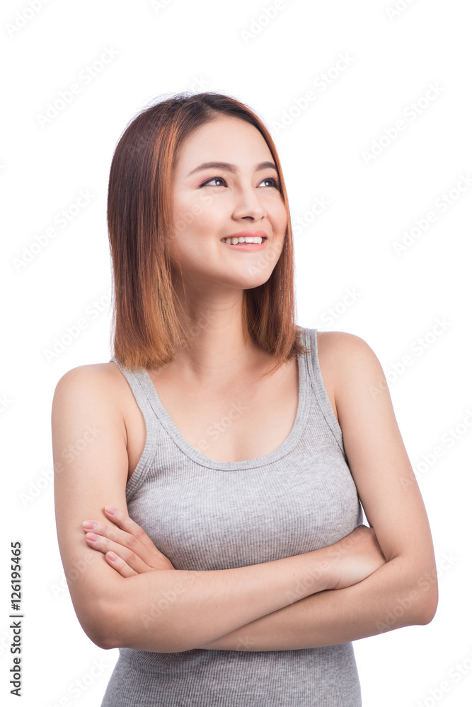 attractive asian woman thinking isolated on white background attractive asian woman thinking isolated on white background