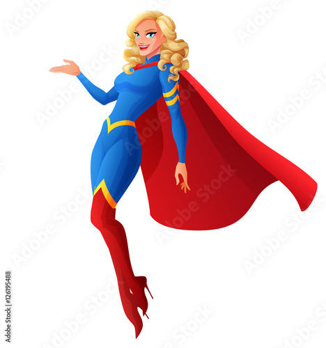Beautiful sexy blond superhero woman flying and presenting. Vector illustration.