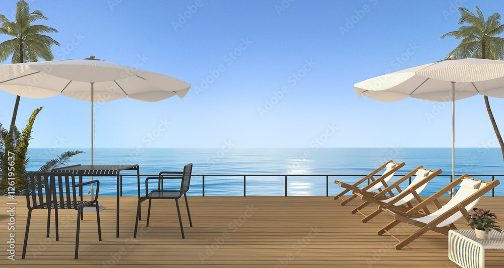 3d rendering nice beach furniture set with bench on wooden terrace near sea in the evening
