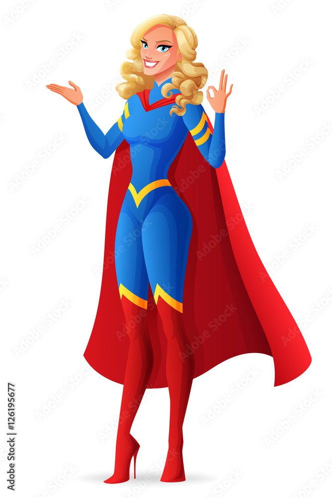Beautiful sexy superhero woman showing OK sign gesture. Vector illustration.