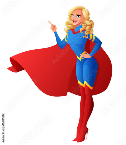 Beautiful sexy superhero woman with finger pointing up. Vector illustration.