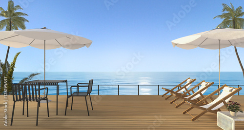 Fototapeta Naklejka Na Ścianę i Meble -  3d rendering nice beach furniture set with bench on wooden terrace near sea in the evening