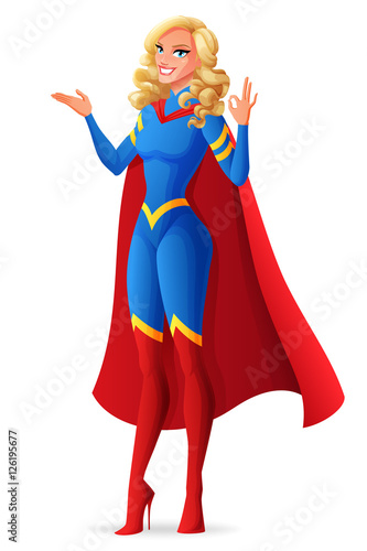 Beautiful sexy superhero woman showing OK sign gesture. Vector illustration.
