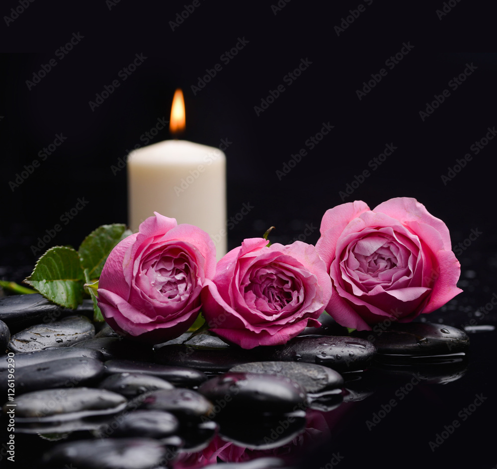 Still life with three rose with candle and therapy stones Still life with three rose with candle and therapy stones