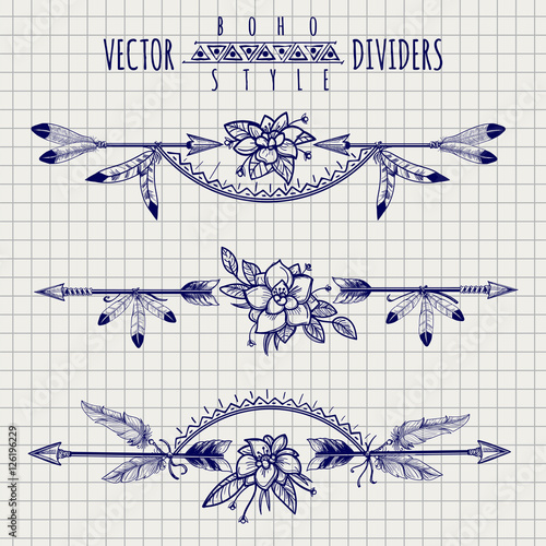 Boho style dividers with flowers and arrows on notebook page. Vector illustration