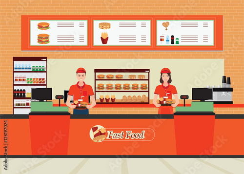 Male and female cashier at fast food restaurant  interior.
