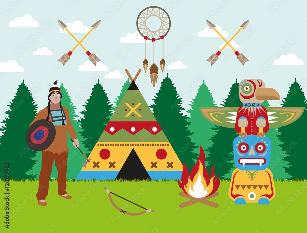 Fototapeta premium American indian landscape warrior, wigwam and totem vector image