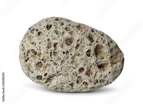 Pebble from gray pumice natural volcanic stone isolated on white background photo