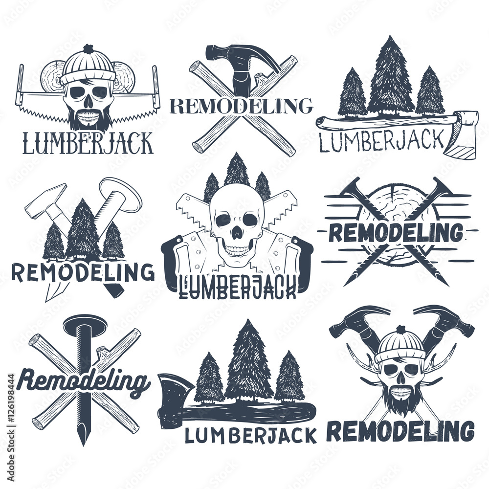 Collection of vector lumberjack and carpenter logotypes