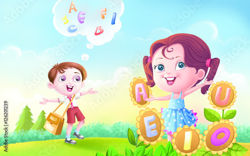 Boy and girl with vowel and alphabet photo