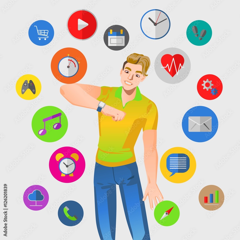 Smart watch vector illustration with man
