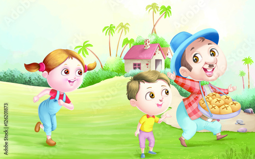 Boy and girl with seller man