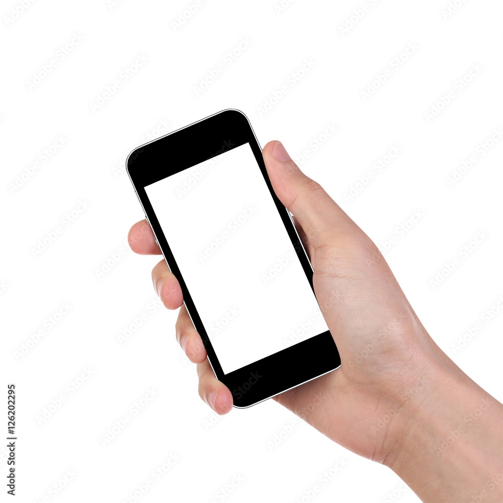 Man hand holding the black smartphone isorated on white background. Clipping path.