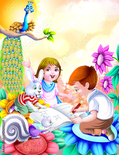 Boy and girl writing near a...