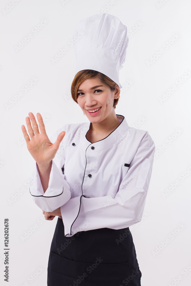 female asian chef pointing up five fingers gesture female asian chef pointing up five fingers gesture