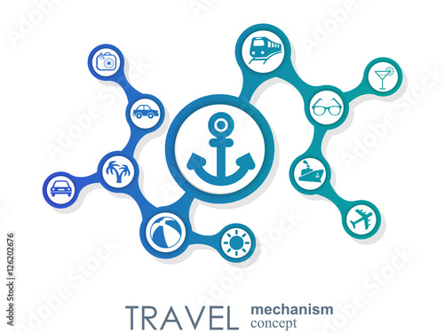 Travel mechanism. Abstract background with connected gears and integrated flat icons. Connected symbols for money, card, bank. Vector interactive illustration