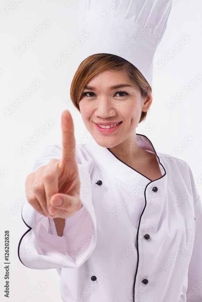 female asian chef pointing up one finger gesture female asian chef pointing up one finger gesture