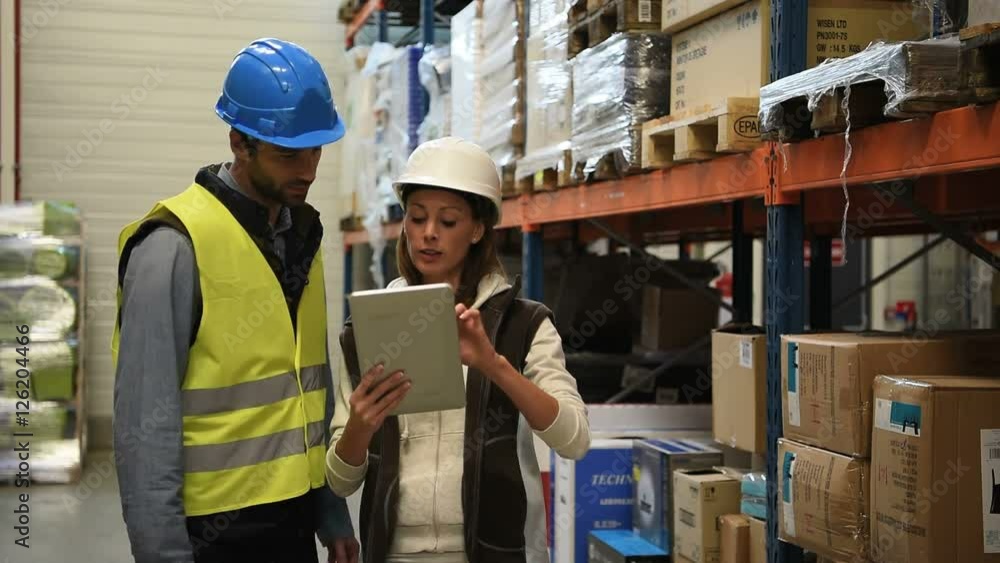 Store manager with warehouseman checking stock levels Store manager with warehouseman checking stock levels