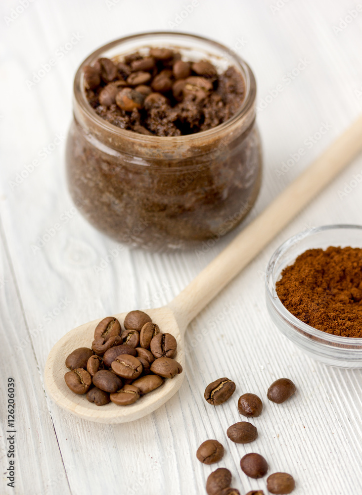 handmade coffee-cocoa scrub on wooden background close up handmade coffee-cocoa scrub on wooden background close up