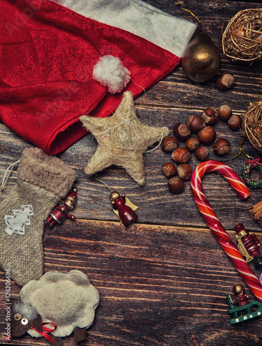 Christmas or New Year dark wooden background, Xmas brown board f