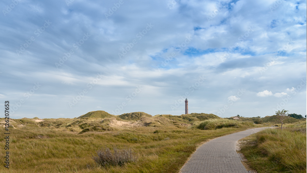 Dünenlandschaft mit Blick auf den Leuchtturm auf Norderney